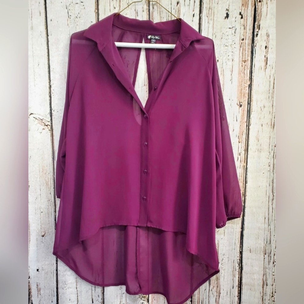 Lily White Women's Medium‎ Sheer Button-Down Open-Back Blouse Shirt EUC